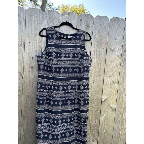 VTG Sunshine Starshine Floral Dress Size 14 Keyhole Back Sleeveless‎ Navy White - Picture 4 of 11